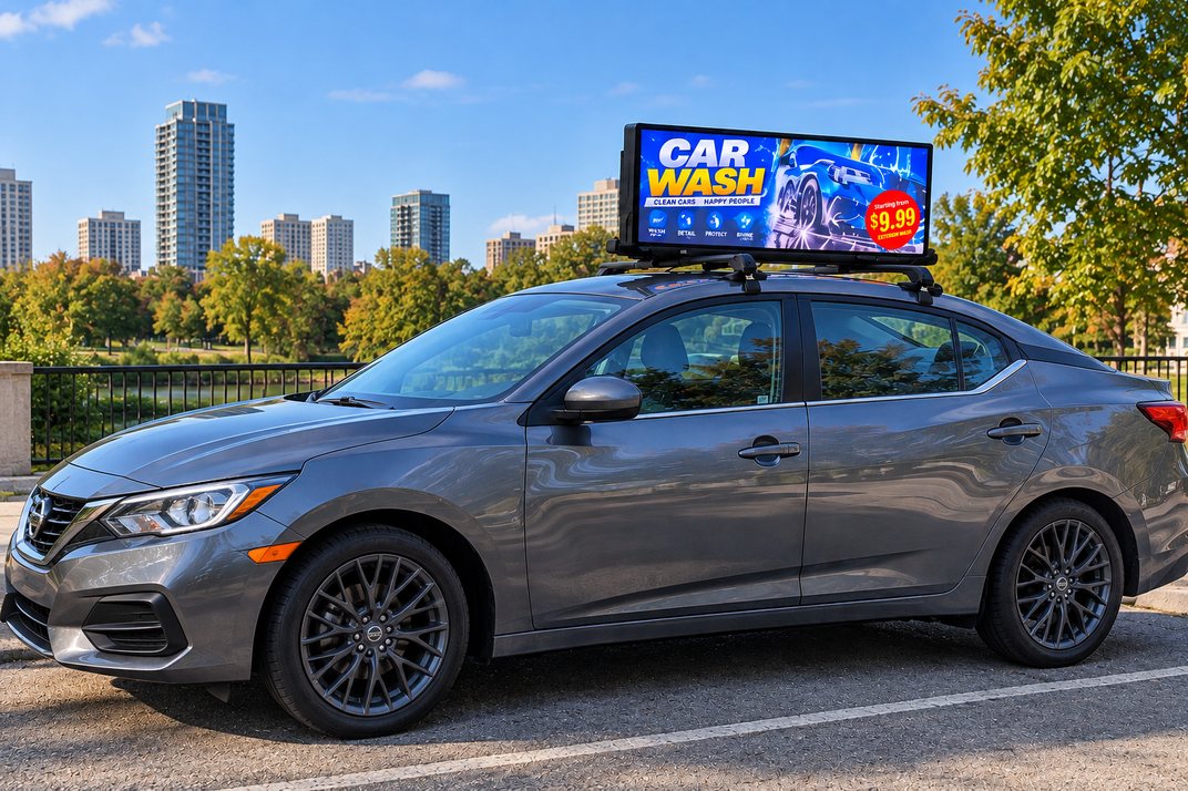 AlfaOne Solutions car with a rooftop LED advertising screen