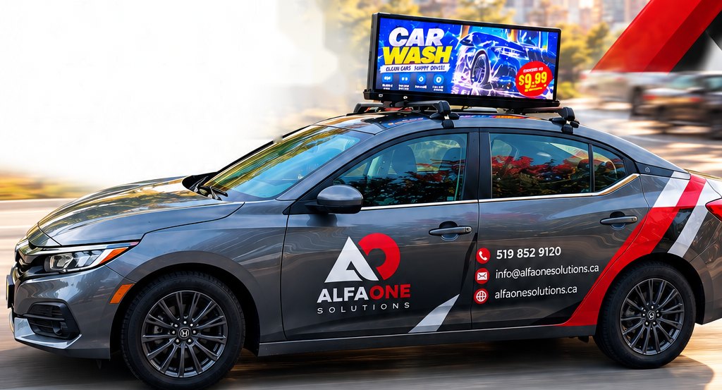 Rooftop LED advertising screen on the AlfaOne car